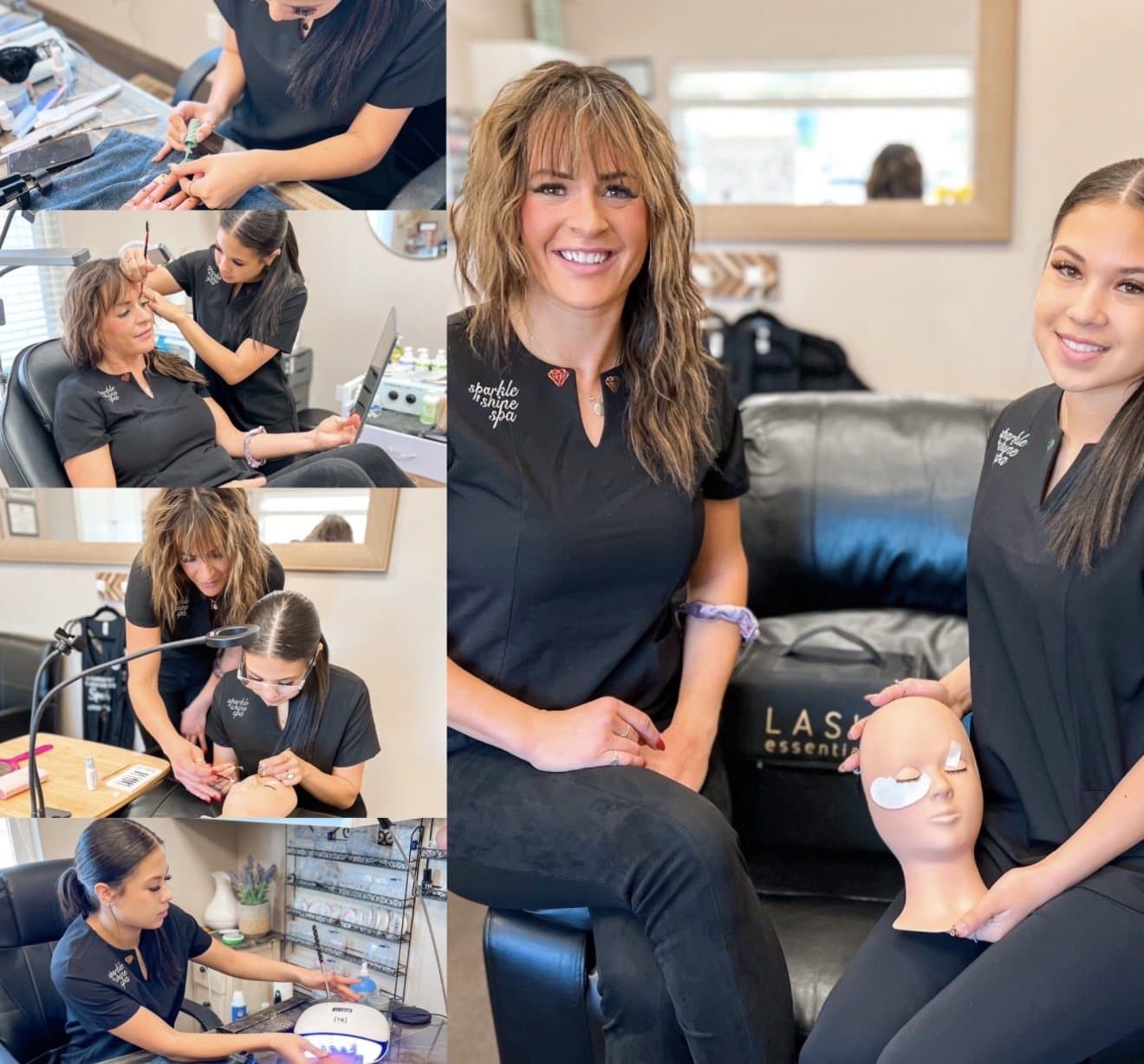 Collage of Alisa teaching students at Sparkle Shine: nails, brows, lash work on a practice head, and the team in the studio