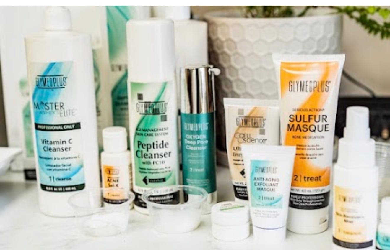 GlyMed Plus professional skincare products on a counter